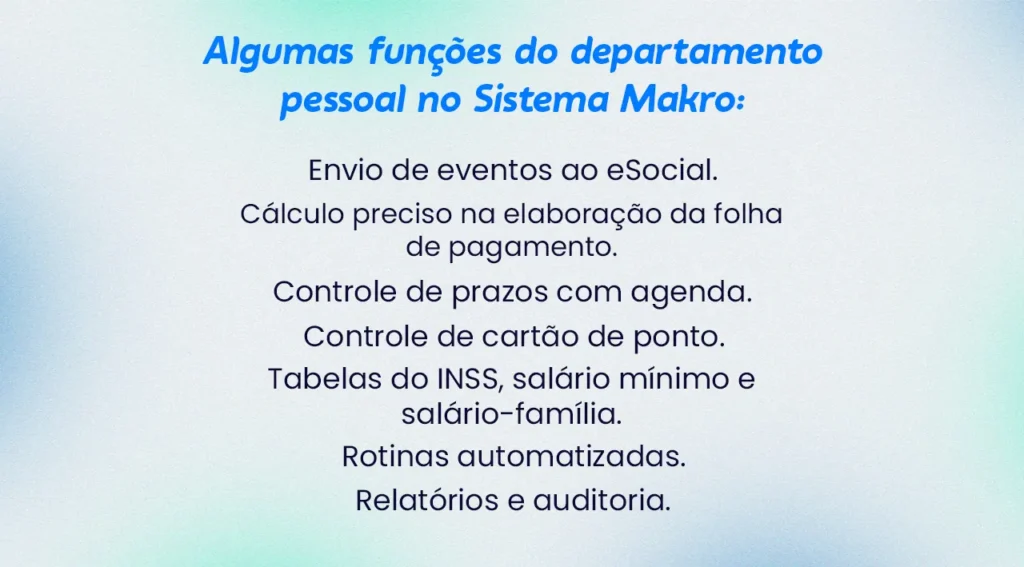 Imagem informativa onde mostra algumas funções do departamento pessoal no Sistema Makro relacionado ao depósito do FGTS.

