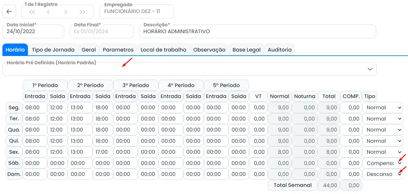 Aba com vários espaços para inserir informação da escala de trabalho