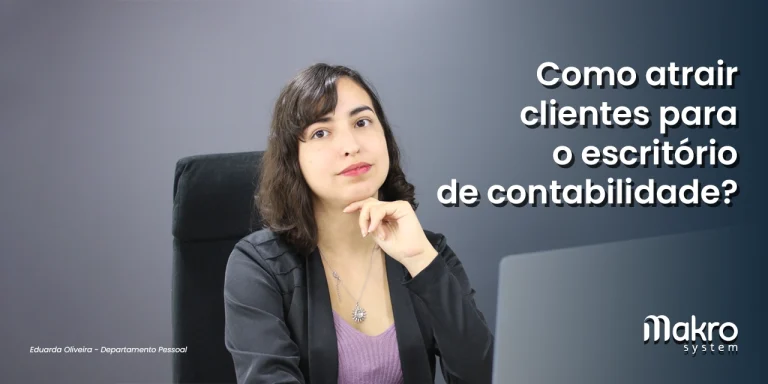 Eduarda Oliveira, consultora do Departamento Pessoal, com a mão no queixo, ao lado do título 'Como atrair clientes para o escritório de contabilidade'