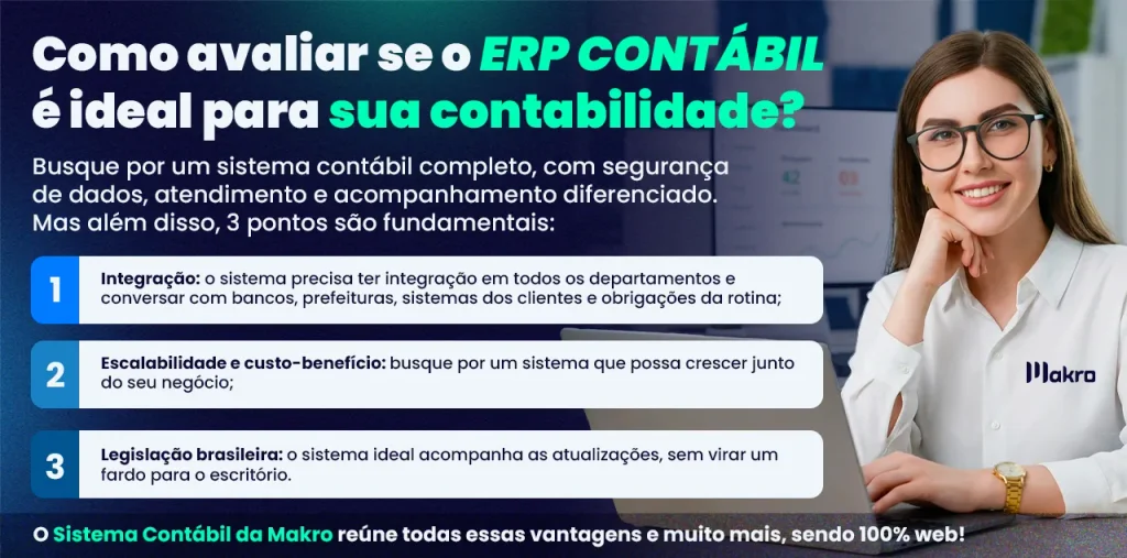 Imagem informativa sobre como avaliar se um **ERP contábil** é ideal para um escritório de contabilidade. O conteúdo destaca três critérios essenciais na escolha de um sistema contábil: integração entre departamentos e serviços externos, escalabilidade e custo-benefício, e atualização de acordo com a legislação brasileira. A arte também apresenta o Sistema Contábil da Makro como uma solução completa e 100% web.