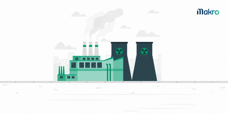 Uma fábrica verde com quatro chaminés pequenas exalando fumaça. Ao fundo, destacam-se duas chaminés gigantes com símbolos de substâncias tóxicas.