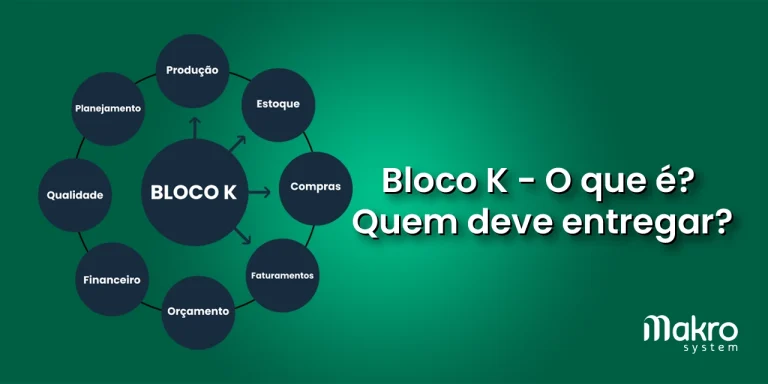 círculo central, 'bloco K', conectado a oito círculos menores com etapas do Bloco K, ao lado o titulo 'Bloco K- O que é? Quem deve entregar?'.