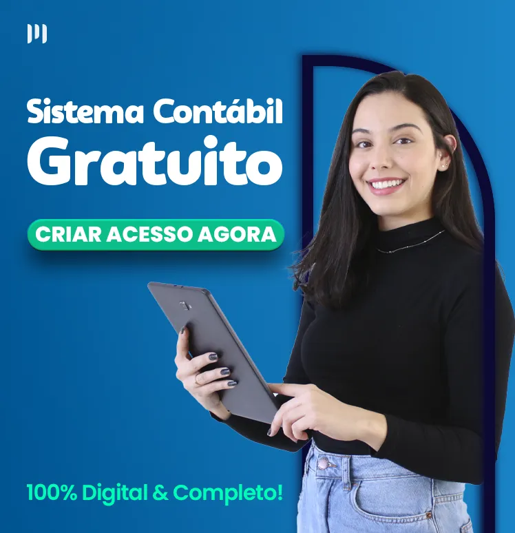 Giovana Silva, jovem branca com cabelo preto segurando seu tablete, envolta de um arco azul piscina e texto: "sistema contábil gratuito".