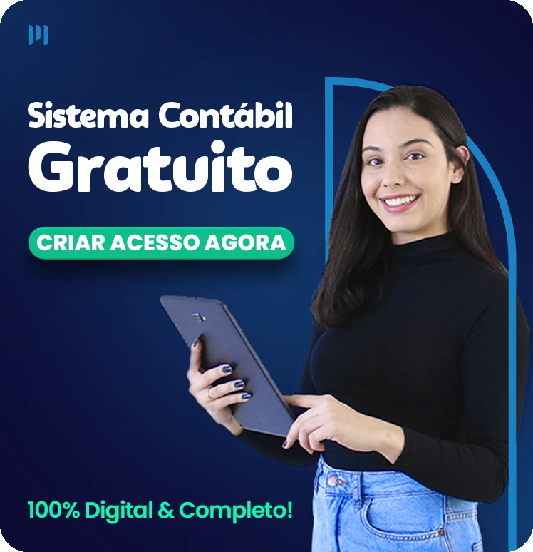 Giovana Silva, jovem branca com cabelo preto segurando seu tablete, envolta de um arco azul piscina e texto: "sistema contábil gratuito".