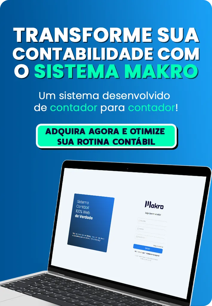 Banner promocional do Sistema Makro, destacando a eficiência e a otimização da rotina contábil, com a interface do sistema em exibição em um notebook.