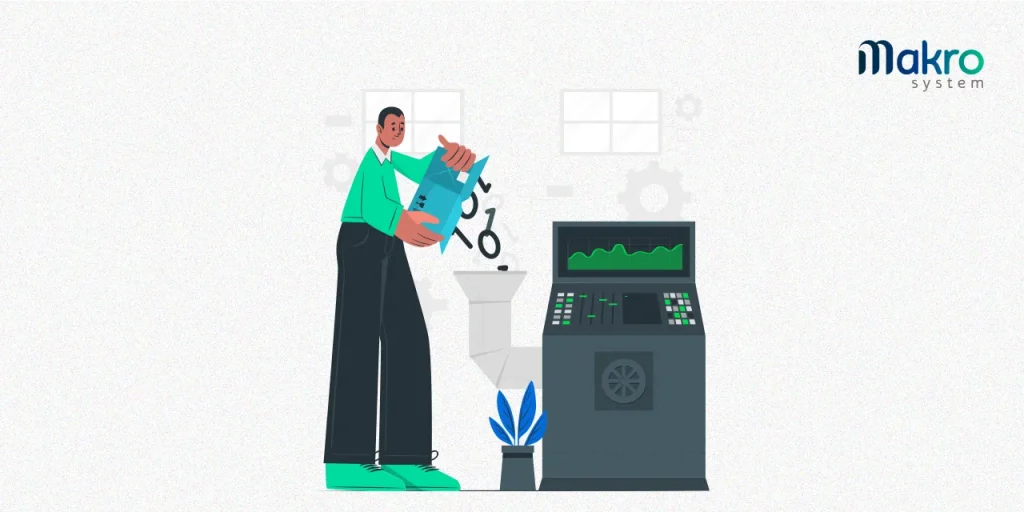 Homem vestindo roupas e tênis ciano, segurando uma caixa verde-água, inserindo números em uma máquina com gráficos verdes, ao lado de uma planta azul.
