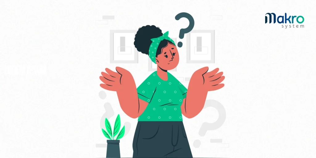 Uma mulher com blusa verde com pintinhas brancas com as mão levantas e um ponto de interrogação na cabeça e uma planta com interrogações atrás.
