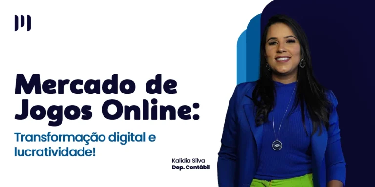 Kálidia Silva do Dep. Contabil posa ao lado do titulo: mercado de jogos online