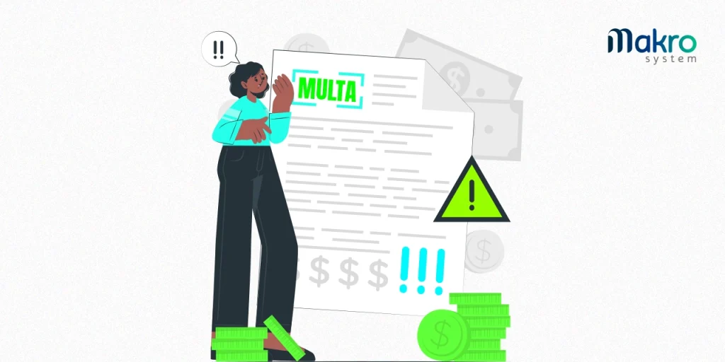 Uma mulher vestindo roupas ciano olha para um documento que diz "MULTA" com um símbolo de atenção, enquanto o chão está coberto de moedas verdes.