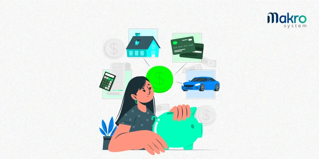 Uma mulher segura um cofre de porquinho de cor verde-água. Atrás dela, há uma moeda verde ligada a um carro azul, cartões e uma casa.