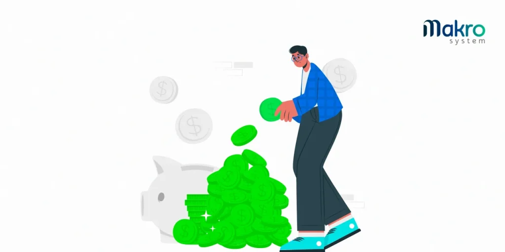 Um homem com sapato ciano e blusa azul está jogando moedas verdes em um monte cheio de outras moedas. Ao lado desse monte, há uma pilha de moedas.
