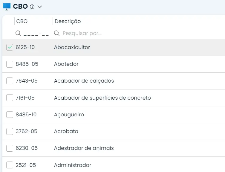 Aba CBO - Classificação Brasileira de Ocupações, mostrando algumas profissões na forma de lista no Sistema Makro