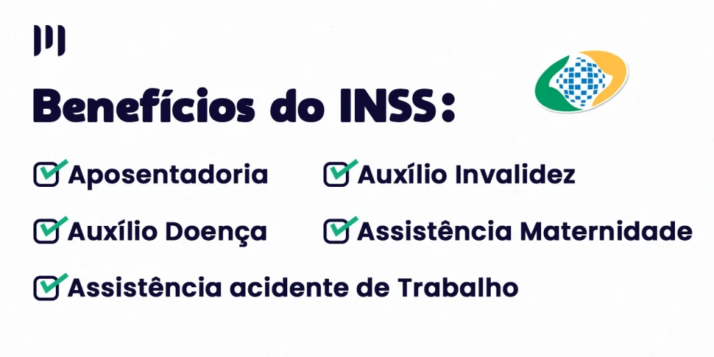 Fundo branco com o título em azul escuro "benefício do INSS:". Abaixo alguns benefícios da Previdência Social