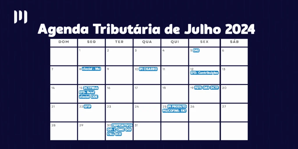Um calendário com dias marcados em azul. No topo, há o título 'Agenda Tributária de Julho de 2024', e ao lado, a logomarca da empresa Makro System.