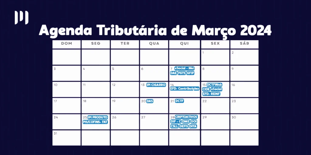 Um calendário com dias marcados em azul. No topo, há o título 'Agenda Tributária de Março de 2024', e ao lado, a logomarca da empresa Makro System.