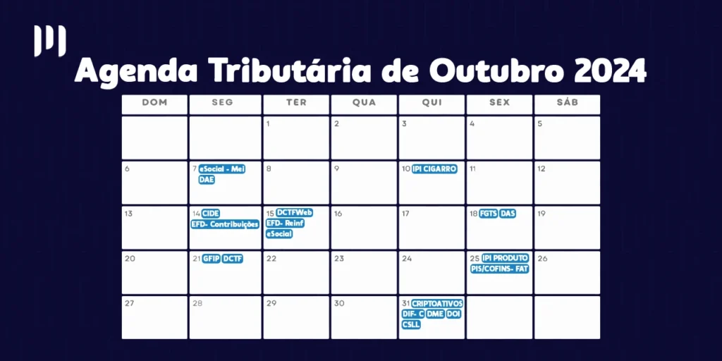 Um calendário com dias marcados em azul. No topo, há o título 'Agenda Tributária de Outubro de 2024', e ao lado, a logomarca da empresa Makro System.