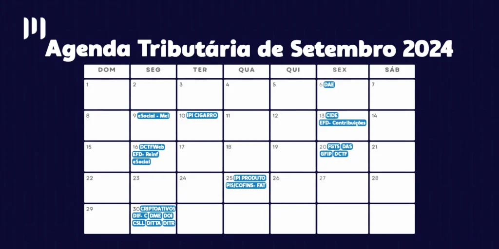 Um calendário com dias marcados em azul. No topo, há o título 'Agenda Tributária de Setembro de 2024', e ao lado, a logomarca da empresa Makro System.