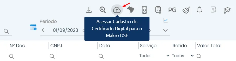 A imagem apresenta parte da tela do Sistema Makro com setas indicando o seguinte: Em Fiscal > Preparações > Makro DSe, inclua o Certificado Digital no ícone indicado na imagem.