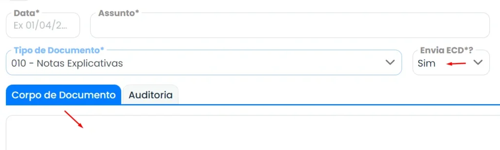 A imagem mostra a tela do Sistema e Setas indicam os comandos: Para realizar a inclusão de notas explicativas deverá ir em Contábil > Demonstrações > Notas Explicativas > Incluir um novo registro.