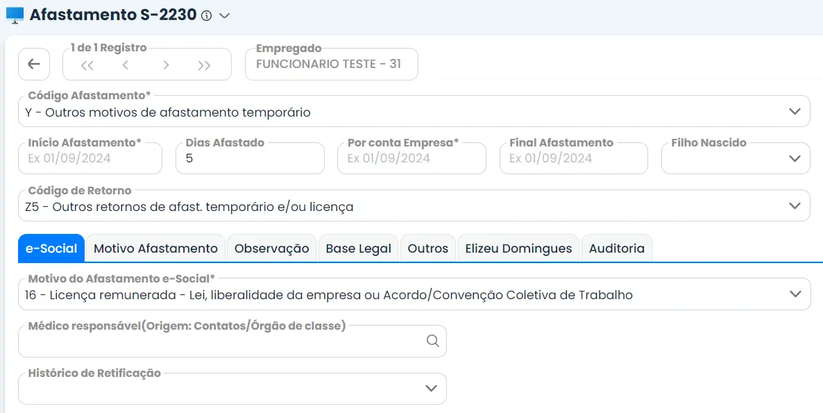 Campo para inserir as informações do cadastro da licença paternidade