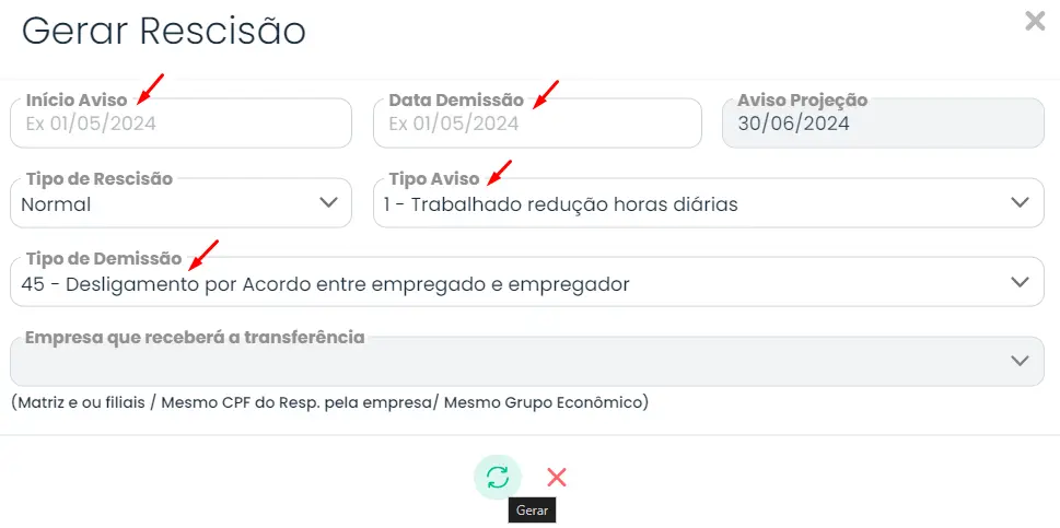 Campo para gerar a rescisão por acordo no sistema Makro