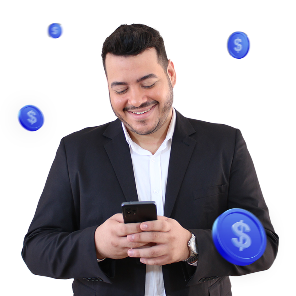 Wesley Lopes de terno, sorrindo enquanto usa o telefone e algumas moedas azuis caem sobre ele.