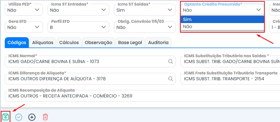 A imagem é um print do Sistema Makro, mostrando como realizar a parametrização para apurar o crédito presumido de ICMS.