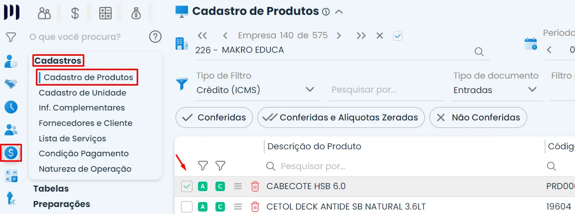 A imagem é um print do sistema makro, mostrando o passo a passo para realizar o cadastro de produtos e parametrizar a apuração de Crédito Presumido do ICMS.