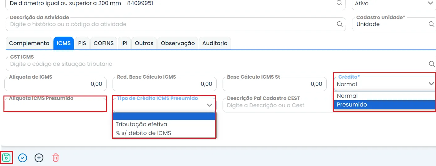 A imagem é um print do sistema makro, mostrando o passo a passo para realizar o cadastro de produtos e parametrizar a apuração de Crédito Presumido do ICMS.