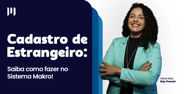 Flávia Rodrigues, do departamento pessoal, olha para a frente com os braços cruzados e sorri. Ao fundo, um degradê com tons de azul escuro a azul claro, com o título do post acima.