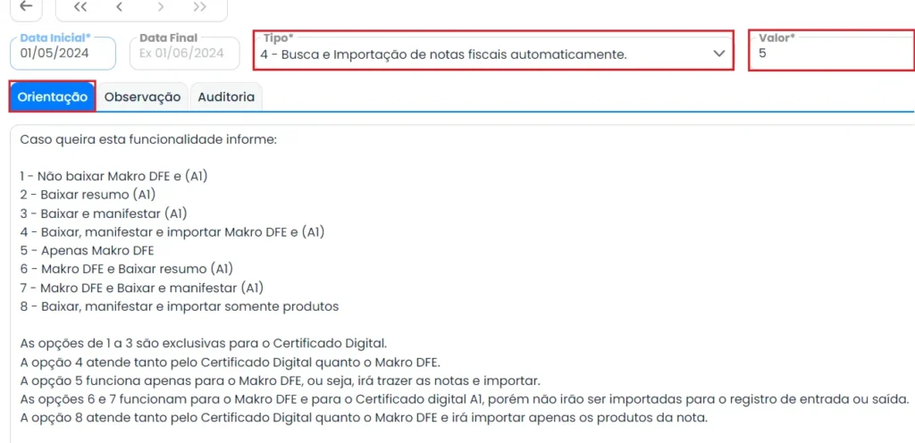 A imagem é um print do sistema makro, mostrando como utilizar o DFE, e configurar o parâmetro 4.