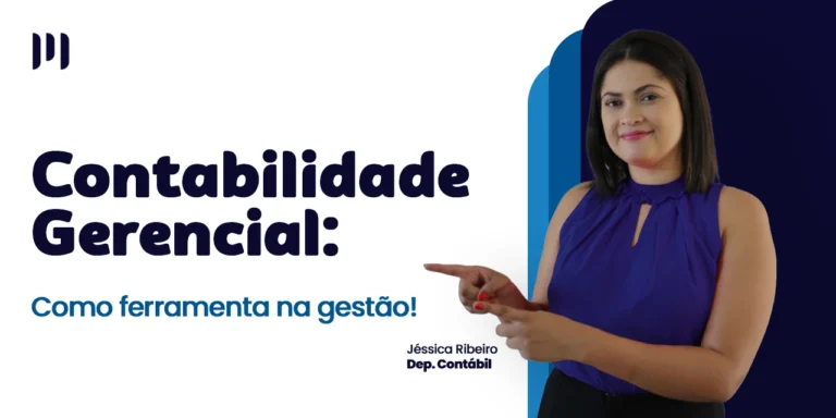 Jéssica Ribeiro, do departamento contábil, olha para a frente e sorri. Ao fundo, um degradê com tons de azul escuro a azul claro, com o título do post ao lado.