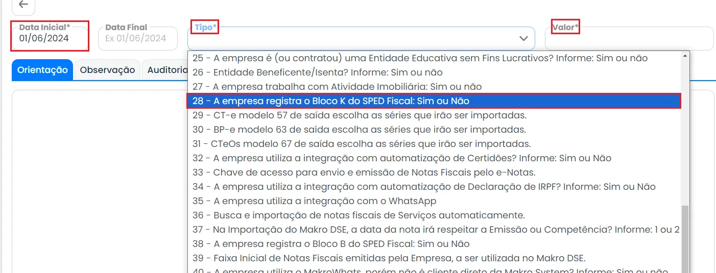 A imagem é um print do sistema Makro mostrando o primeiro passo para habilitar o bloco K, dentro do Sistema.