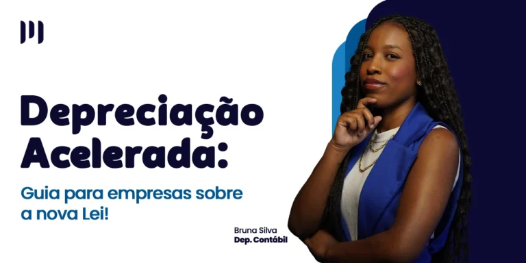 Bruna Silva, do departamento contábil, olha para a frente com uma mão no queixo. Ao fundo, um degradê com tons de azul escuro a azul claro, com o título do post ao lado.