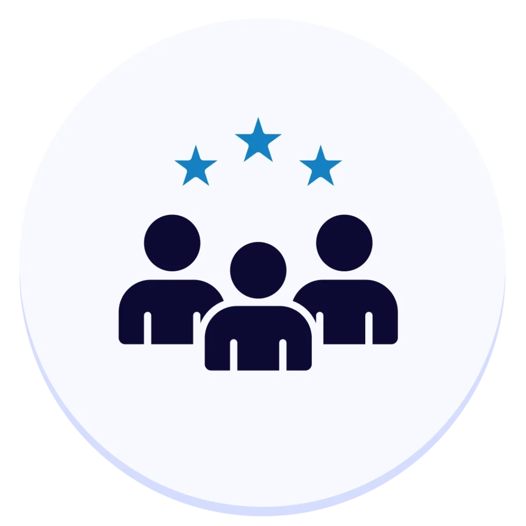 Um grupo de pessoas em pé, lado a lado, em um círculo, com três estrelas azuis acima, representando o sucesso do cliente