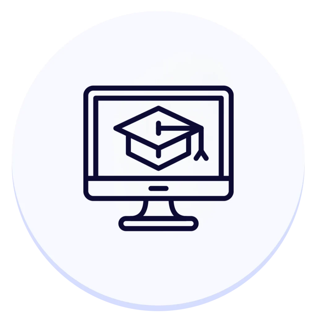 Ícone de educação online com monitor de computador e capelo de formatura.