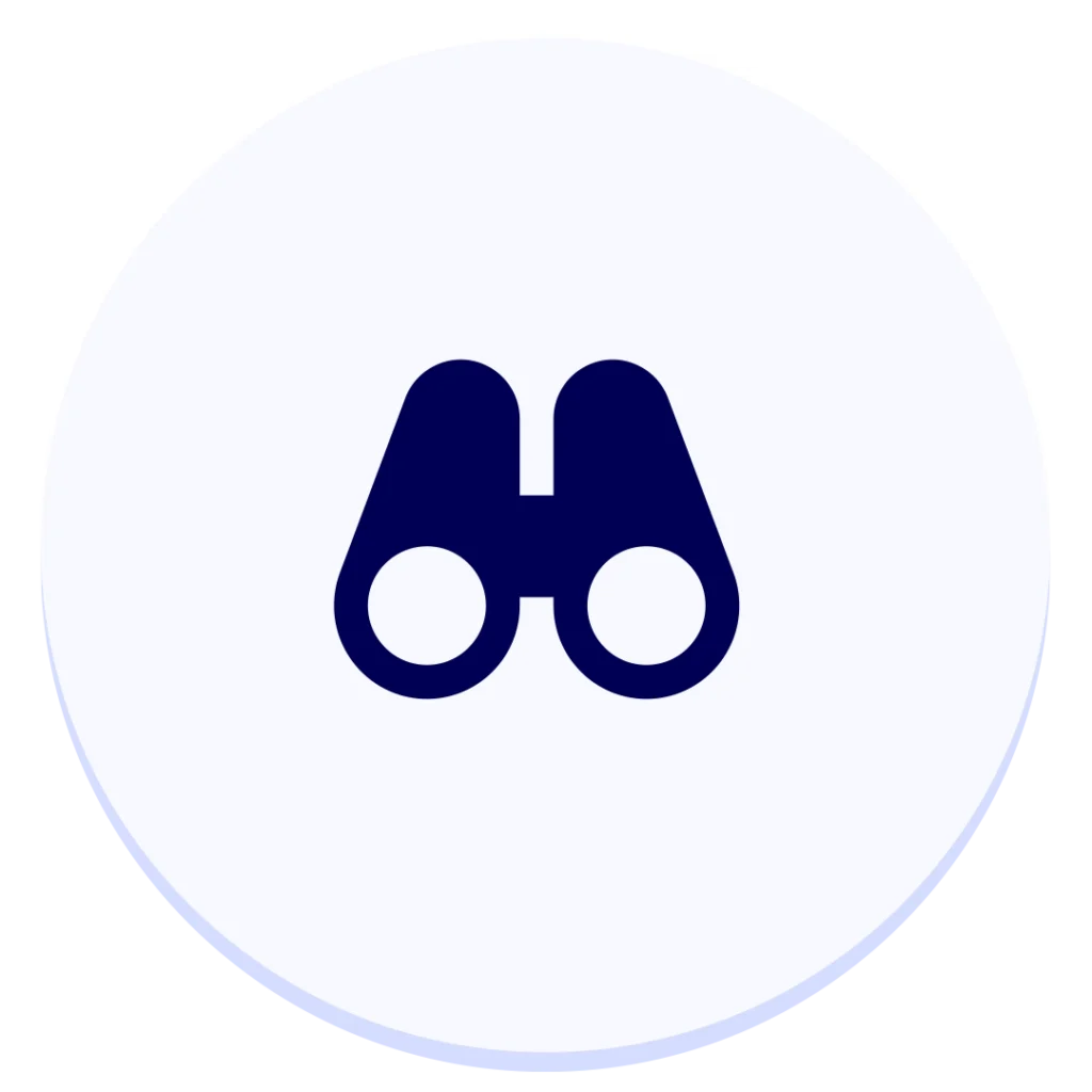 Ícone azul de um binoculo, em um fundo branco redondo para representar a visão.