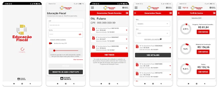 O print mostra as telas do aplicativo Educação Fiscal MG, onde os consumidores podem registrar sua Nota Fiscal Mineira.