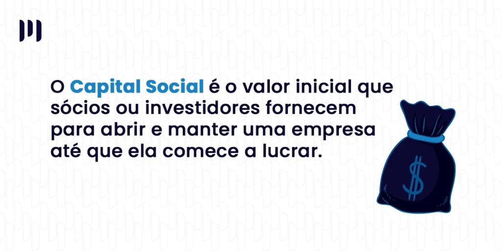 A imagem mostra um pequeno texto que fala o que é o Capital Social, sendo: O capital social é o valor inicial que sócios ou investidores fornecem para abrir e manter uma empresa até que ela comece a lucrar.