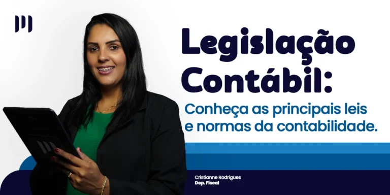 Cristianne Rodrigues, do departamento fiscal, olha para frente mexendo em um tablet enquanto sorri, ao lado do título. Ao fundo, um degradê com tons de azul escuro para azul claro.