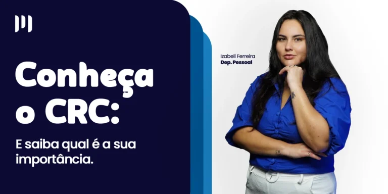 Izabeli Ferreira, do departamento pessoal sorrindo com uma de suas mãos no queixo e a outra apoiando seu braço, ao lado, de um degradê com tons de azul escuro a azul claro, com o título do artigo na frente.