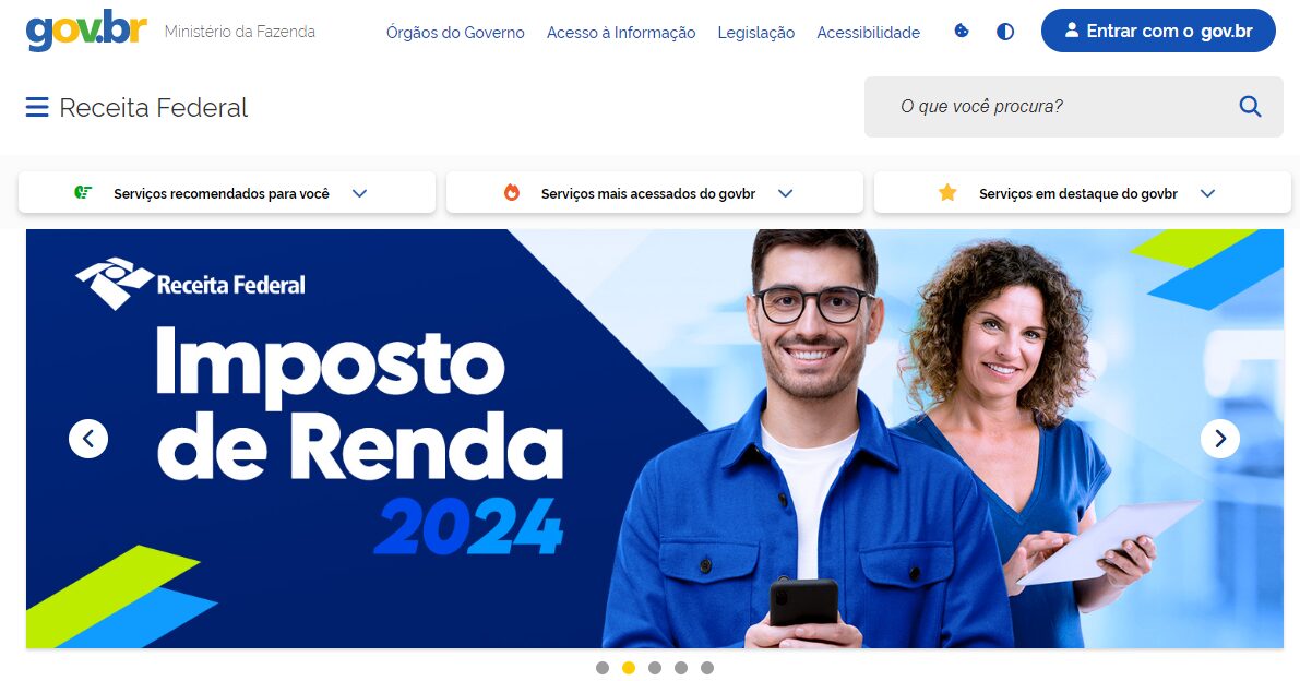 A imagem é um print da Home do site da Receita Federal, para ilustrar para o leitor o site.