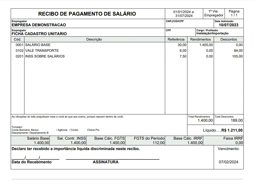 Imagem mostra um recibo de pagamento de uma folha de pagamento online dentro do Sistema Makro