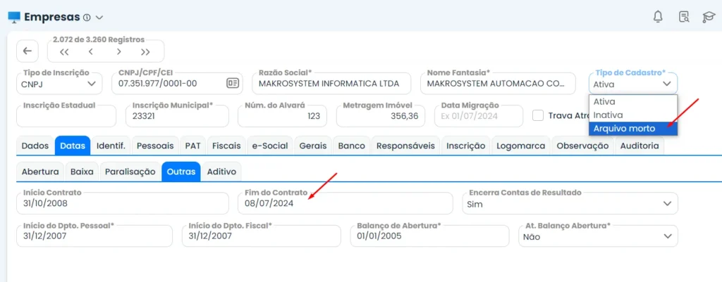 limitações do plano gratuito como excluir empresas - Na imagem é possível ver aonde colocar a empresa como arquivo morto e onde colocar a data do fim do contrato