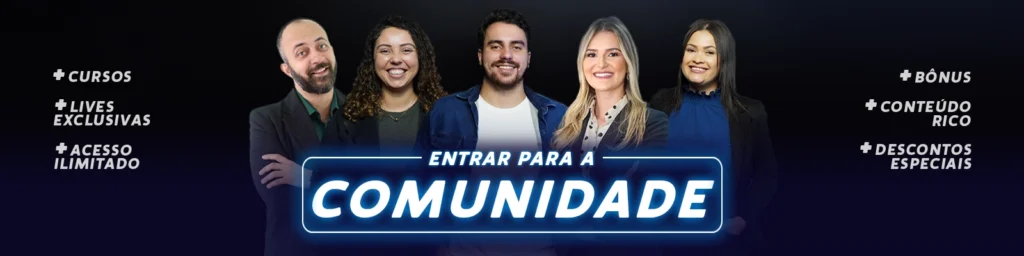 Mentor Thales Teixeira sorrindo, ao centro da imagem. À sua direita, Samara Duarte e Jéssica Ribeiro sorrindo. À esquerda, Vanessa Laureano e Guilherme Tibúrcio. À frente uma chamada em neon com o título: Entrar para a Comunidade.


Fique por dentro do mundo fiscal e entenda como regularizar PIS COFINS.