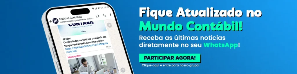 Banner promocional da Makro convidando usuários a se atualizarem com as últimas notícias do mundo contábil via WhatsApp, com um smartphone exibindo mensagens do grupo de notícias contábeis