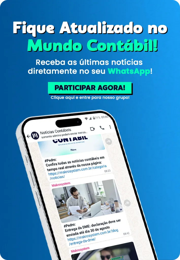 Banner promocional da Makro convidando usuários a se atualizarem com as últimas notícias do mundo contábil via WhatsApp, com um smartphone exibindo mensagens do grupo de notícias contábeis