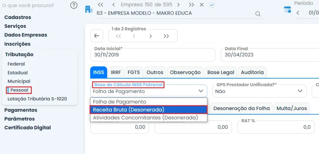 A imagem mostra um print do sistema contábil Makro, no campo para cadastro da folha para gerar Relatório DIRBI