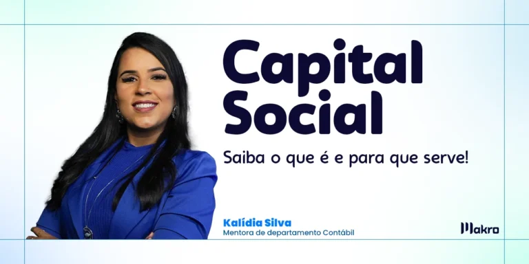 Kalídia Silva, do departamento contabil, olha para a frente e sorri com a mão na cintura. Com um fundo branco com detalhes em azul e verde e o titulo e subtítulo em destaque.