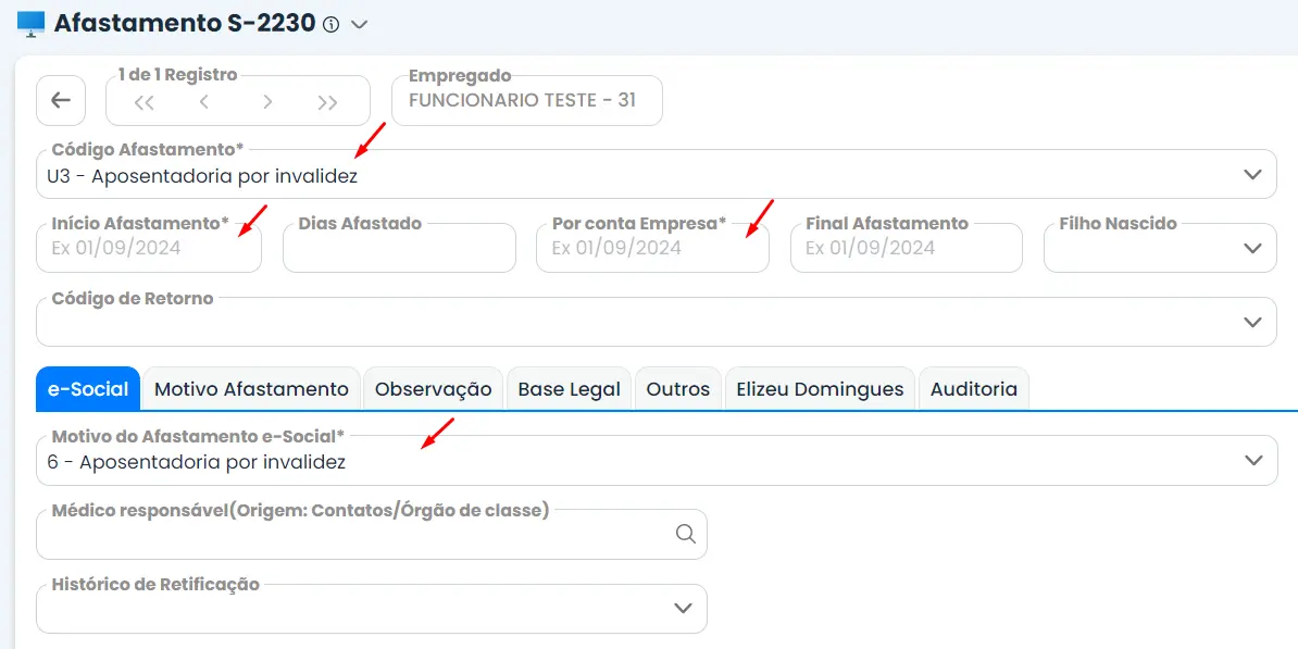 Imagem que mostra campos para registrar a Aposentadoria por invalidez no Sistema Makro